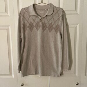 Haggar mens long sleeve polo argyle sweater tan XL collared 3/4 button pullover